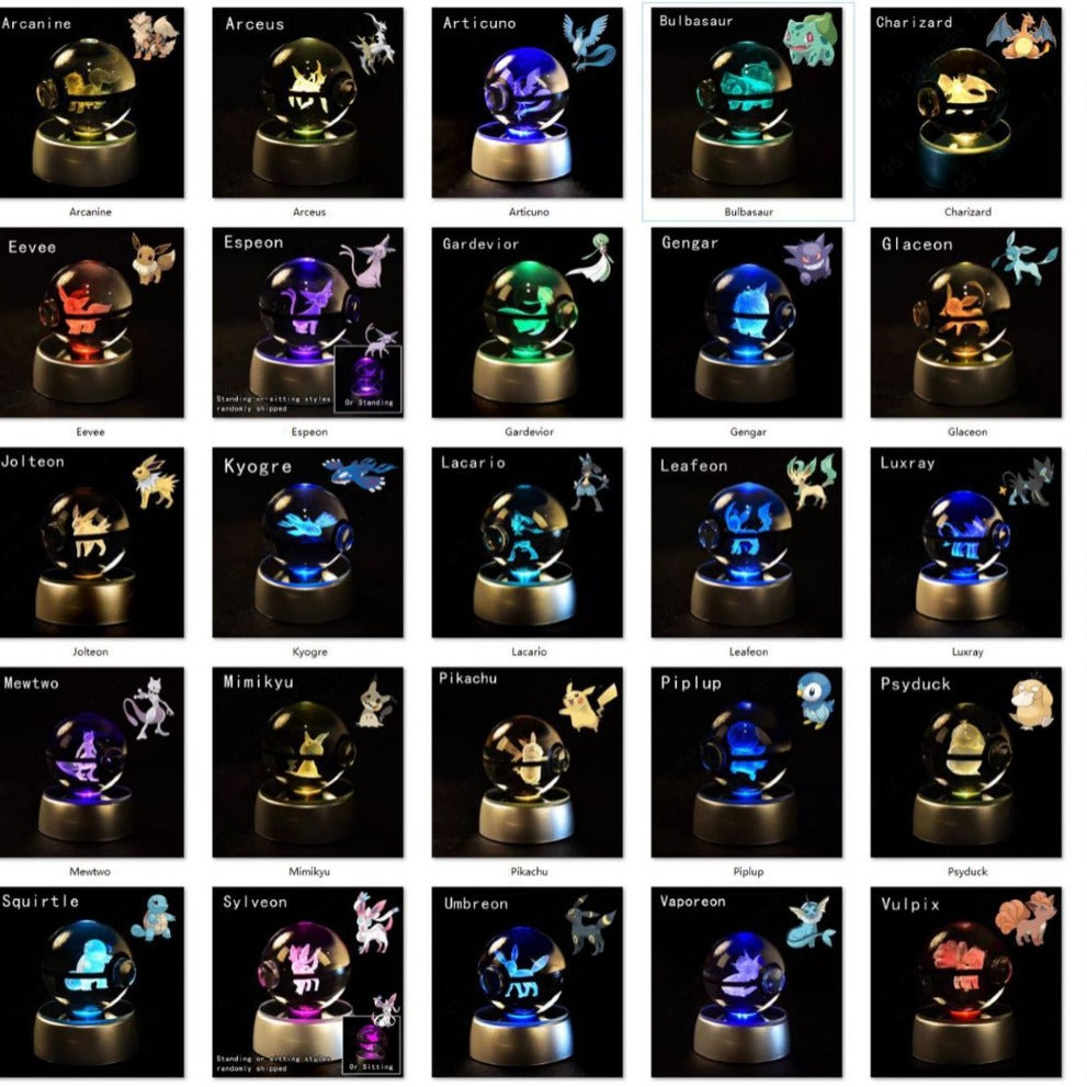 Pokemon Crystal Ball 3D Pikachu Gengar Mew Mewtwo Lamp Base Pokeball Crystal Pokemon Glass Ball Figure Night Light Birthday Gift
