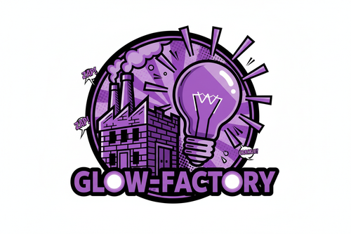 Eine Backsteinfabrik mit einer Glühbirne beide lila in einem Kreis und bitte das Bild in runder Form unten drunter der Schriftzug " Glow-Factory" beide "O" sollten leuchten und die Fabrik und Birne sollten mehr raus stechen im Comic stil